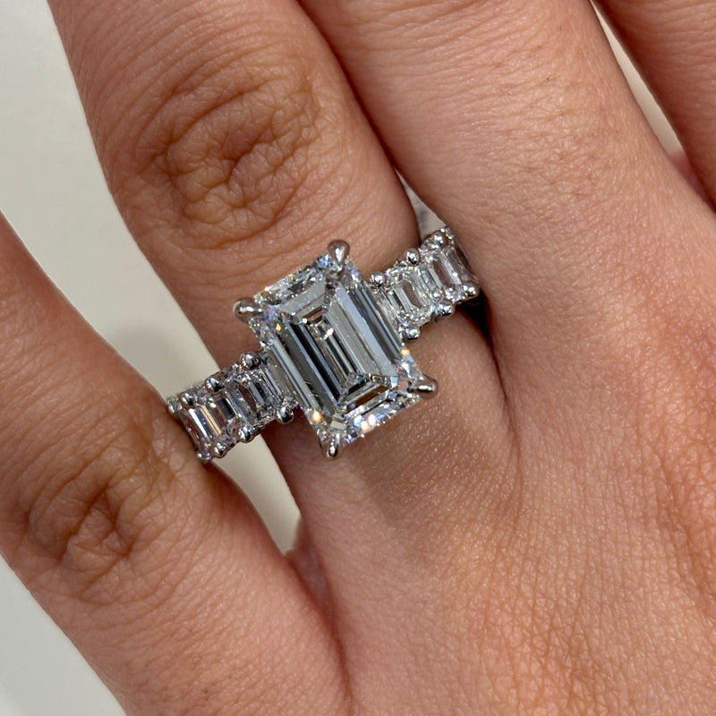 Lab Grown Emerald Cut with Emerald Diamond Set Engagement Ring -1.50ct+