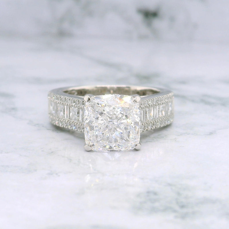 Lab Grown Cushion Brilliant Cut With Baguette & Princess Cut Band Engagement Ring -1.50ct+