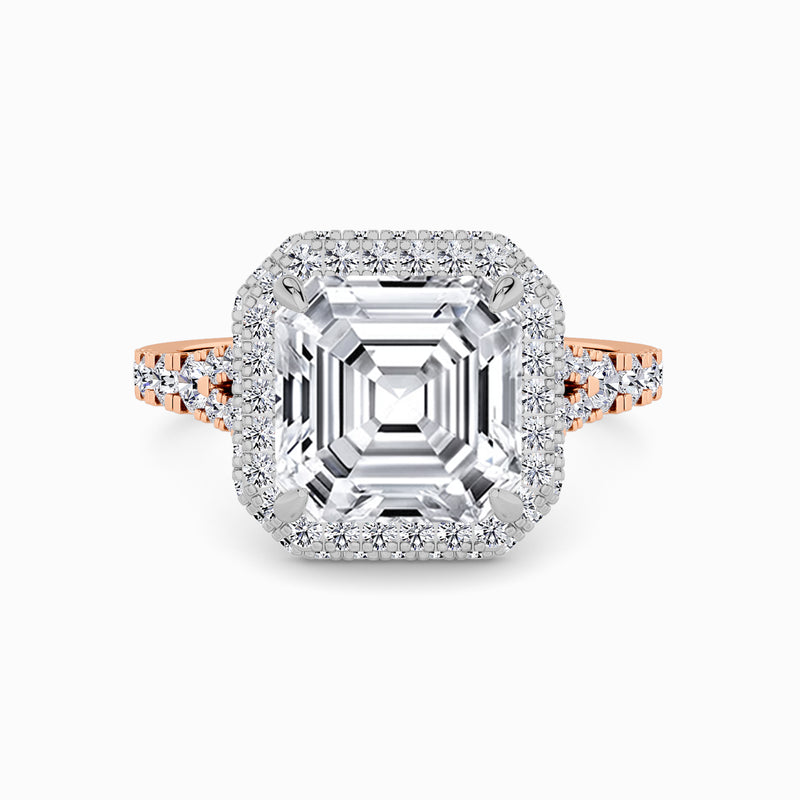 Asscher Cut Lab Diamond 3D Pave Split Shank Halo Engagement Ring (1.00ct+)