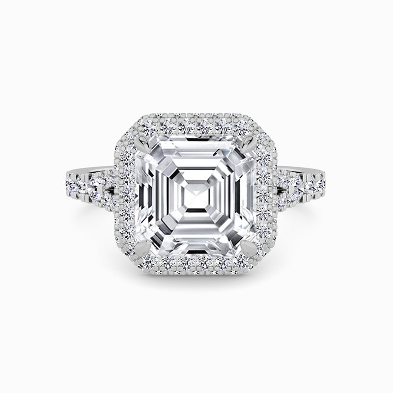 Asscher Cut Lab Diamond 3D Pave Split Shank Halo Engagement Ring (1.00ct+)