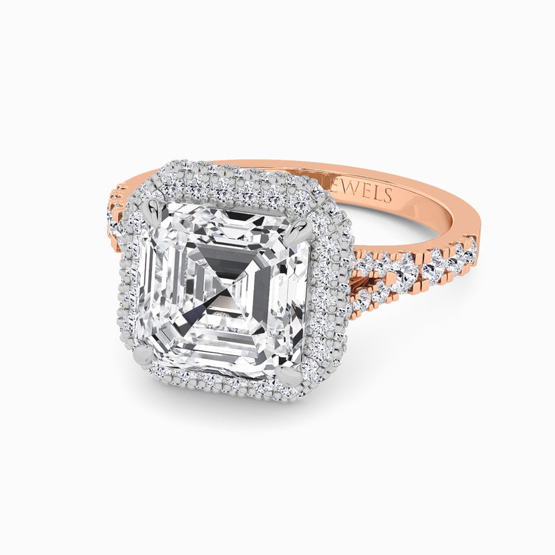 Asscher Cut Lab Diamond 3D Pave Split Shank Halo Engagement Ring (1.00ct+)