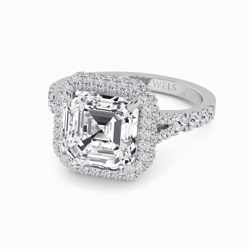 Asscher Cut Lab Diamond 3D Pave Split Shank Halo Engagement Ring (1.00ct+)