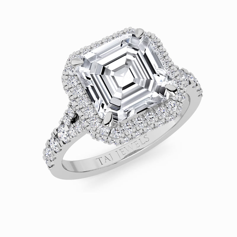 Asscher Cut Lab Diamond 3D Pave Split Shank Halo Engagement Ring (1.00ct+)