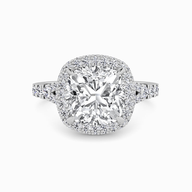 Cushion Cut Lab Diamond 3D Pave Split Shank Halo Engagement Ring (1.00ct+)