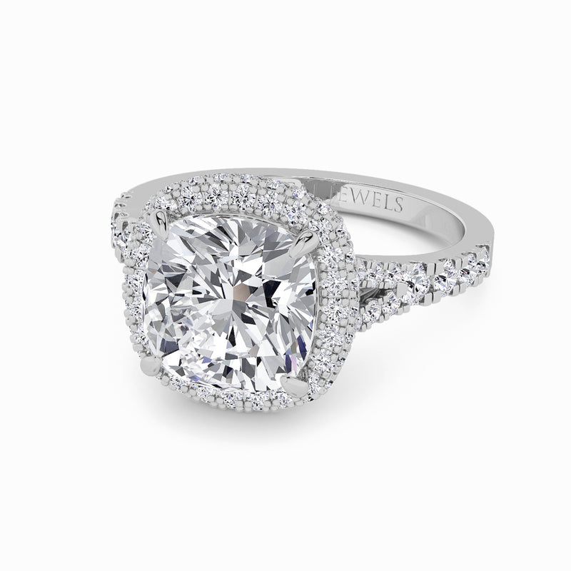 Cushion Cut Lab Diamond 3D Pave Split Shank Halo Engagement Ring (1.00ct+)