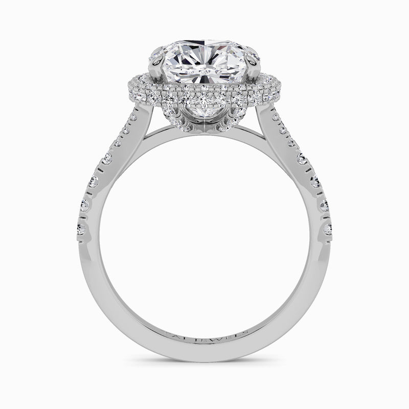 Cushion Cut Lab Diamond 3D Pave Split Shank Halo Engagement Ring (1.00ct+)