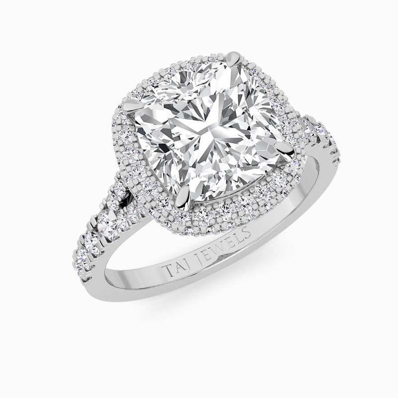 Cushion Cut Lab Diamond 3D Pave Split Shank Halo Engagement Ring (1.00ct+)