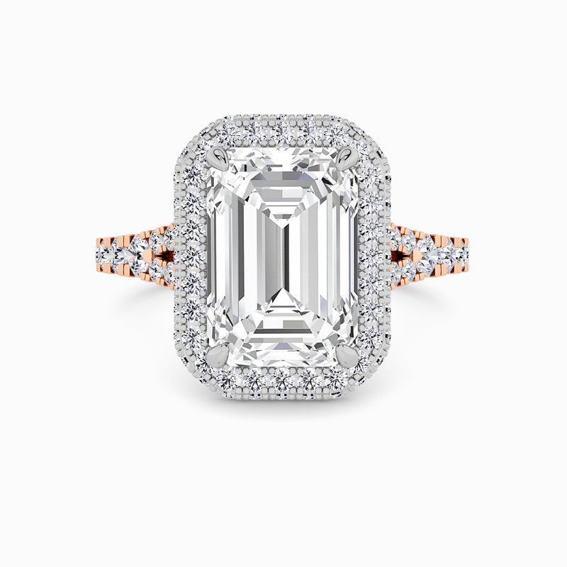 Emerald Cut Lab Diamond 3D Pave Split Shank Halo Engagement Ring (1.00ct+)