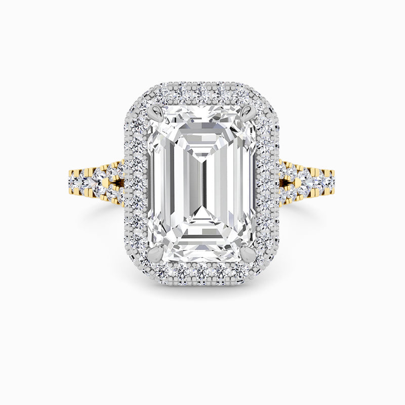 Emerald Cut Lab Diamond 3D Pave Split Shank Halo Engagement Ring (1.00ct+)