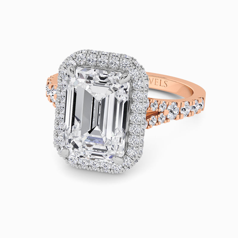 Emerald Cut Lab Diamond 3D Pave Split Shank Halo Engagement Ring (1.00ct+)