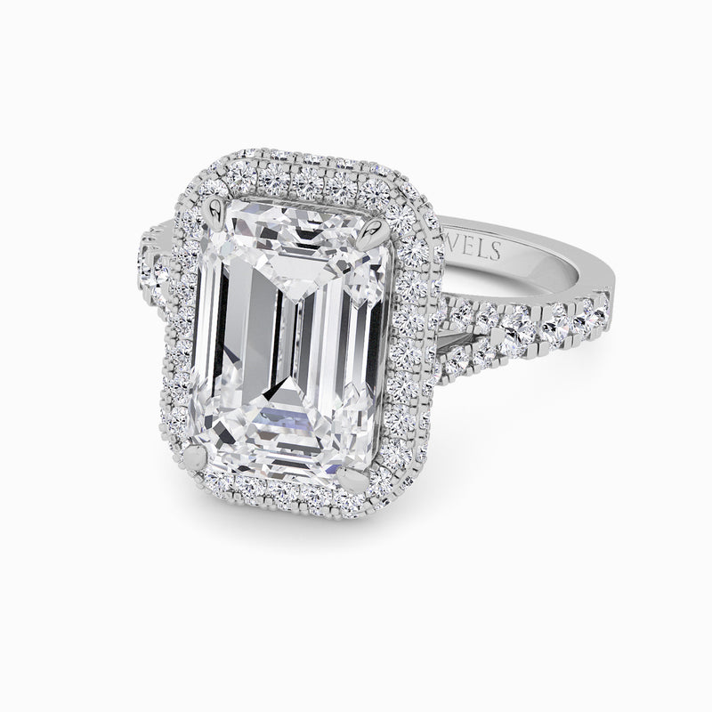 Emerald Cut Lab Diamond 3D Pave Split Shank Halo Engagement Ring (1.00ct+)