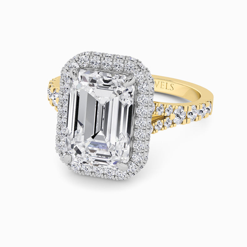 Emerald Cut Lab Diamond 3D Pave Split Shank Halo Engagement Ring (1.00ct+)