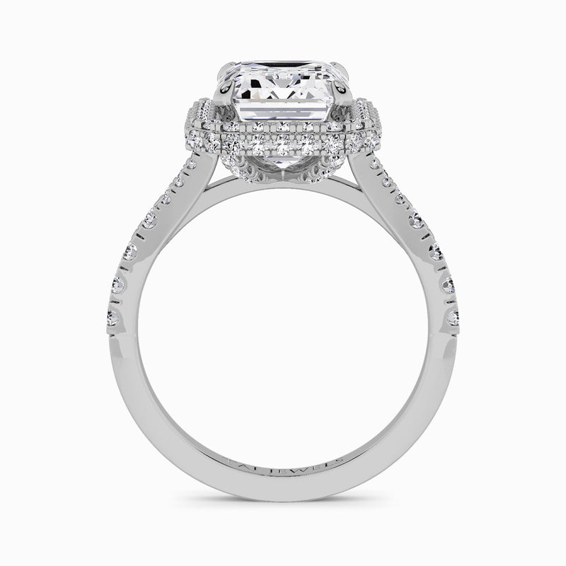 Emerald Cut Lab Diamond 3D Pave Split Shank Halo Engagement Ring (1.00ct+)