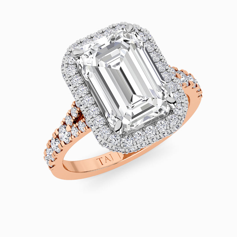 Emerald Cut Lab Diamond 3D Pave Split Shank Halo Engagement Ring (1.00ct+)