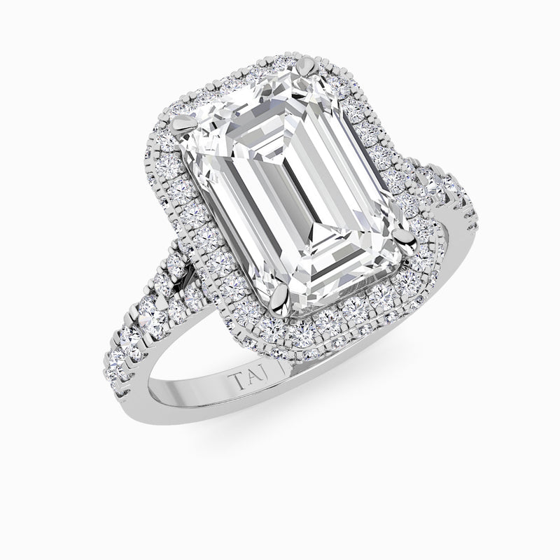 Emerald Cut Lab Diamond 3D Pave Split Shank Halo Engagement Ring (1.00ct+)