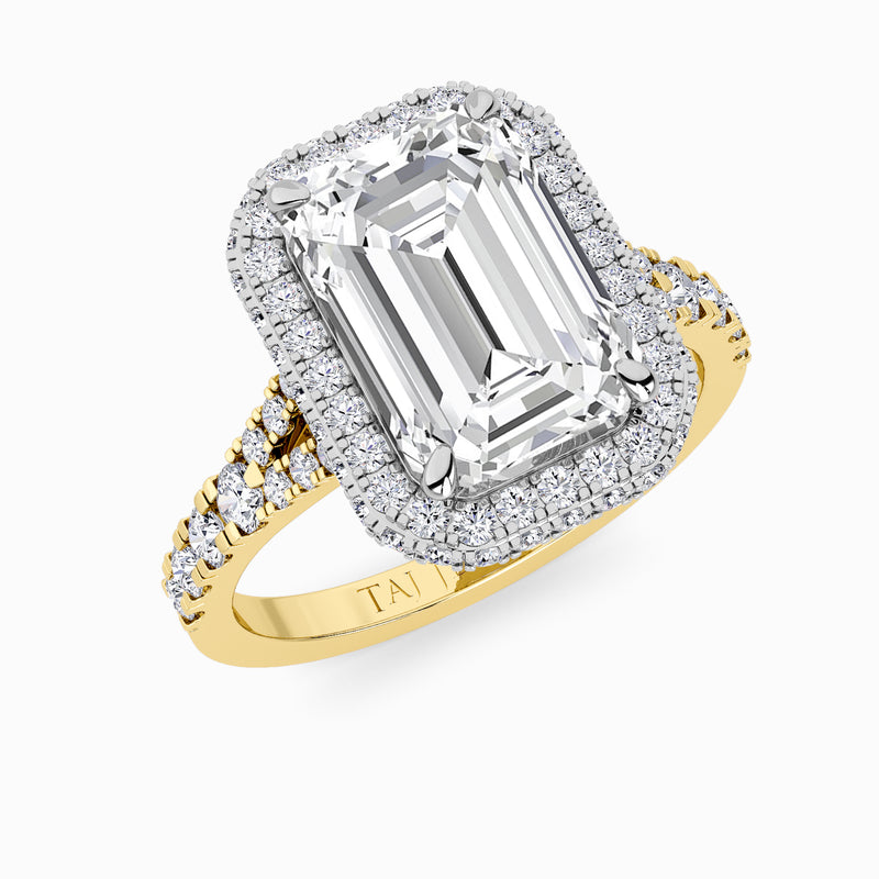 Emerald Cut Lab Diamond 3D Pave Split Shank Halo Engagement Ring (1.00ct+)