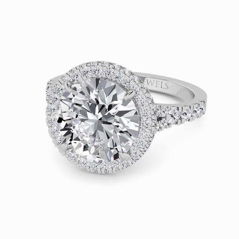 Round Brilliant Cut Lab Diamond 3D Pave Split Shank Halo Engagement Ring (1.00ct+)