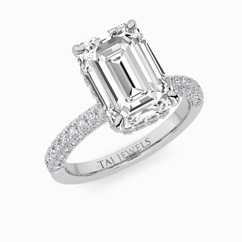 Emerald Cut 3D Pave Double Hidden Halo Lab Diamond Engagement Ring (1ct+)