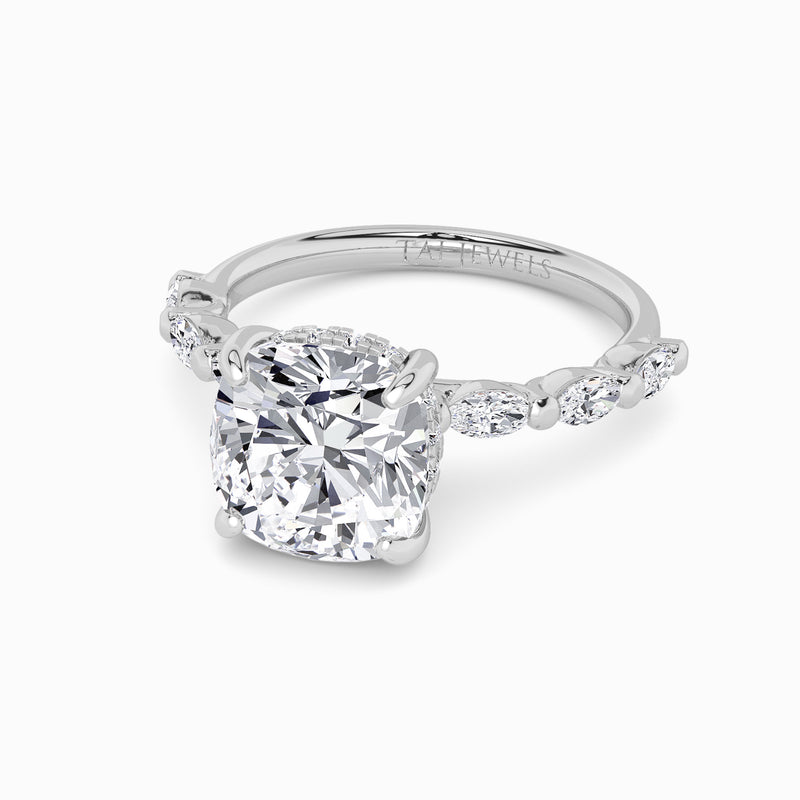 Cushion Cut Solitaire Marquise Diamond Band Lab Diamond Engagement Ring (1.00ct+)