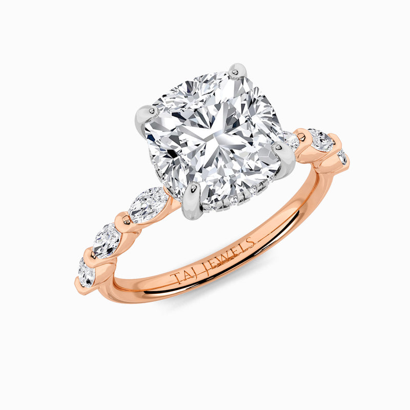 Cushion Cut Solitaire Marquise Diamond Band Lab Diamond Engagement Ring (1.00ct+)