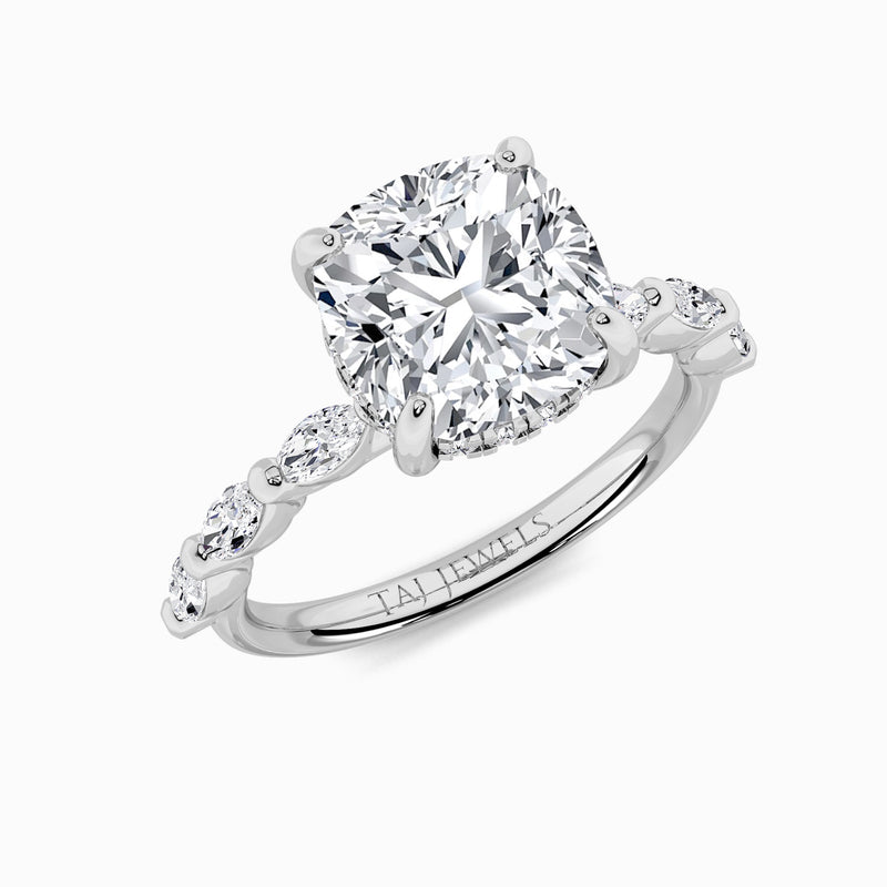 Cushion Cut Solitaire Marquise Diamond Band Lab Diamond Engagement Ring (1.00ct+)