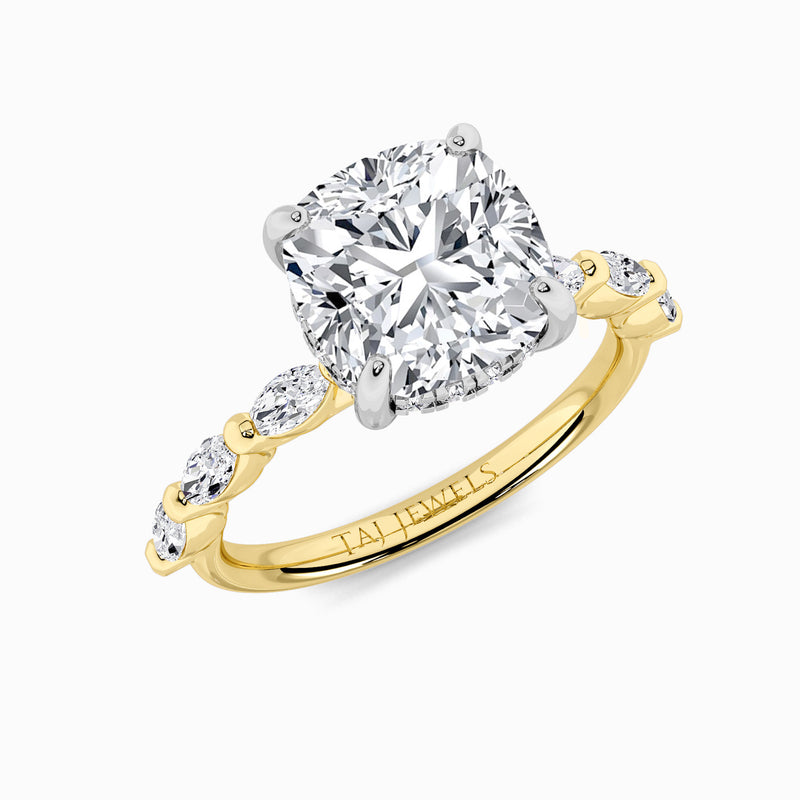 Cushion Cut Solitaire Marquise Diamond Band Lab Diamond Engagement Ring (1.00ct+)