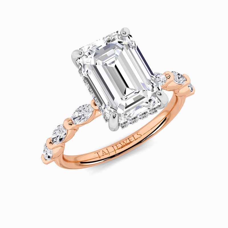 Emerald Cut Solitaire Marquise Diamond Band Lab Diamond Engagement Ring (1.00ct+)