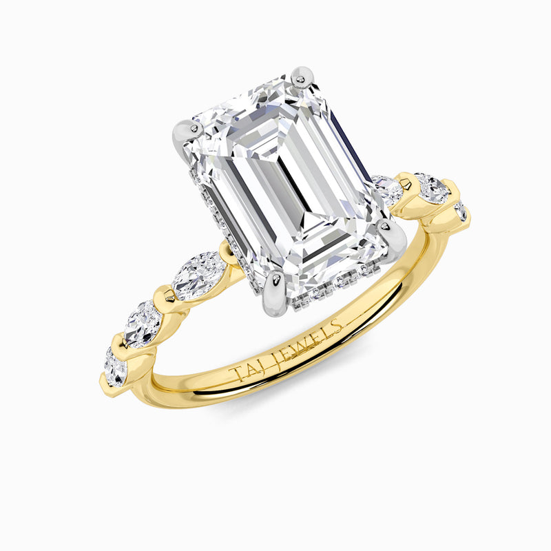 Emerald Cut Solitaire Marquise Diamond Band Lab Diamond Engagement Ring (1.00ct+)