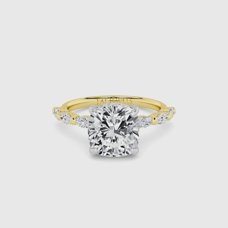 Cushion Cut Solitaire Marquise Diamond Band Lab Diamond Engagement Ring (1.00ct+)