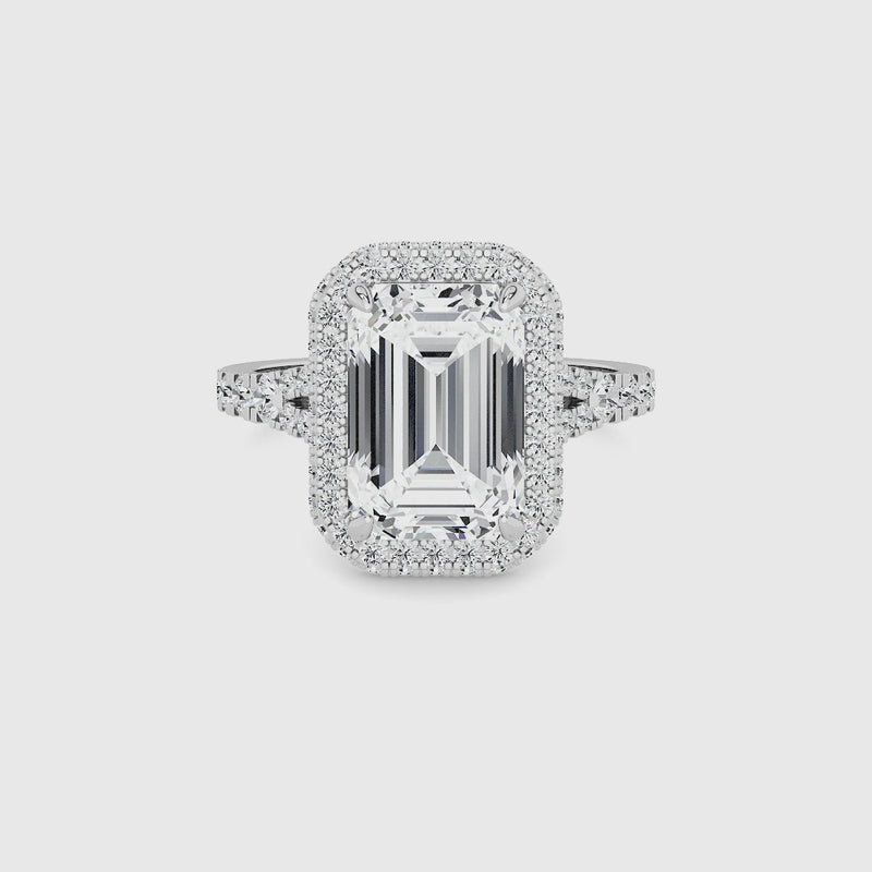 Emerald Cut Lab Diamond 3D Pave Split Shank Halo Engagement Ring (1.00ct+)