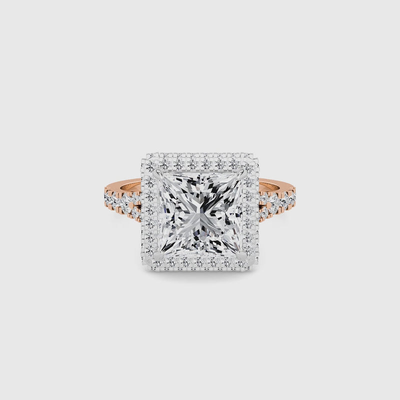 Princess Cut Lab Diamond 3D Pave Split Shank Halo Engagement Ring (1.00ct+)