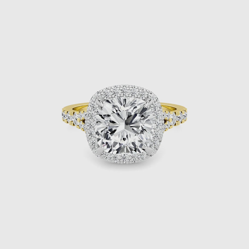 Cushion Cut Lab Diamond 3D Pave Split Shank Halo Engagement Ring (1.00ct+)