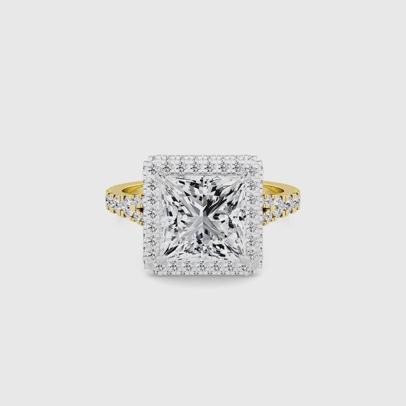 Princess Cut Lab Diamond 3D Pave Split Shank Halo Engagement Ring (1.00ct+)