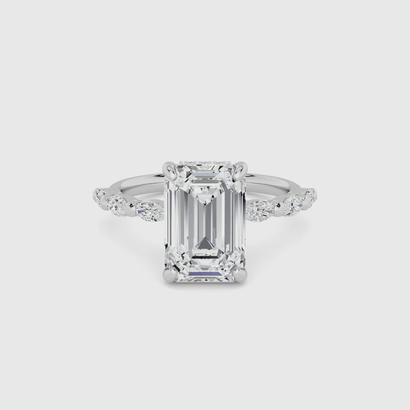 Emerald Cut Solitaire Marquise Diamond Band Lab Diamond Engagement Ring (1.00ct+)