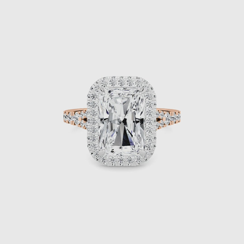 Radiant Cut Lab Diamond 3D Pave Split Shank Halo Engagement Ring (1.00ct+)