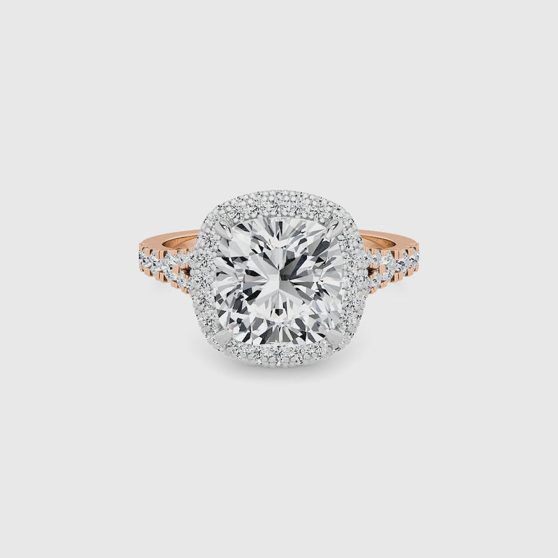 Cushion Cut Lab Diamond 3D Pave Split Shank Halo Engagement Ring (1.00ct+)