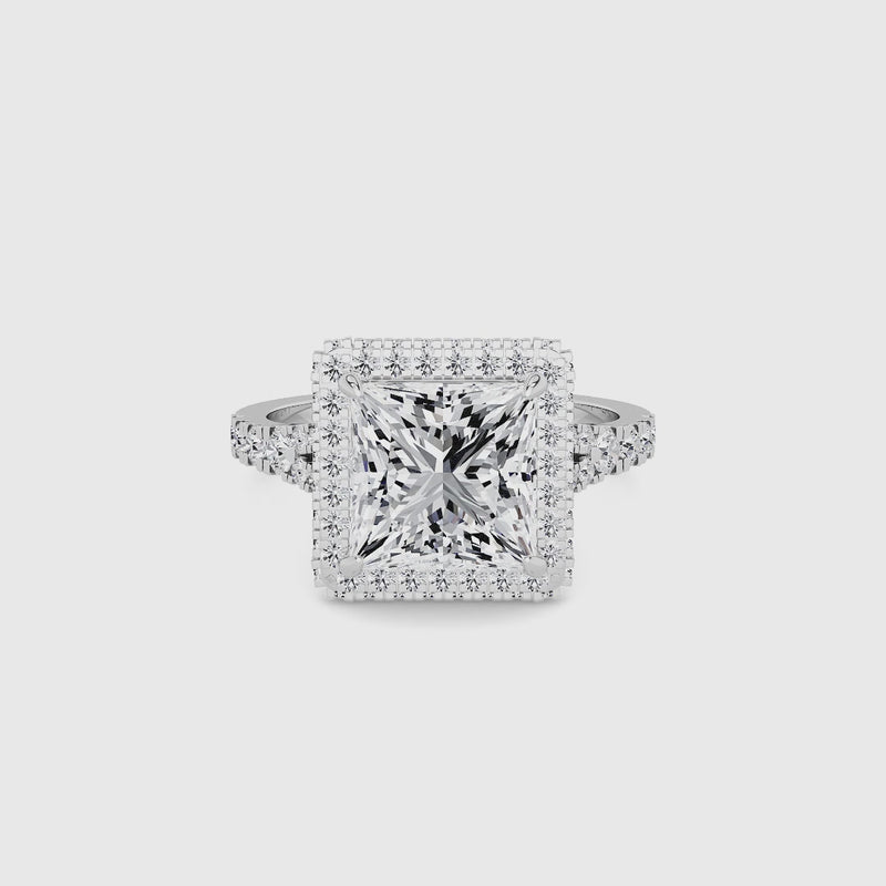 Princess Cut Lab Diamond 3D Pave Split Shank Halo Engagement Ring (1.00ct+)