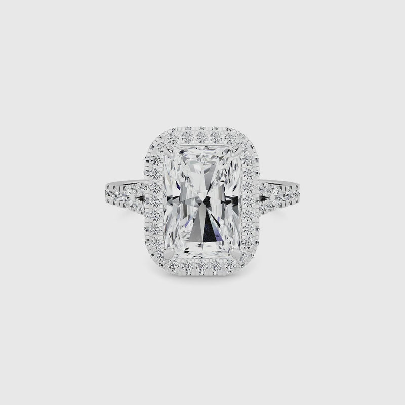 Radiant Cut Lab Diamond 3D Pave Split Shank Halo Engagement Ring (1.00ct+)