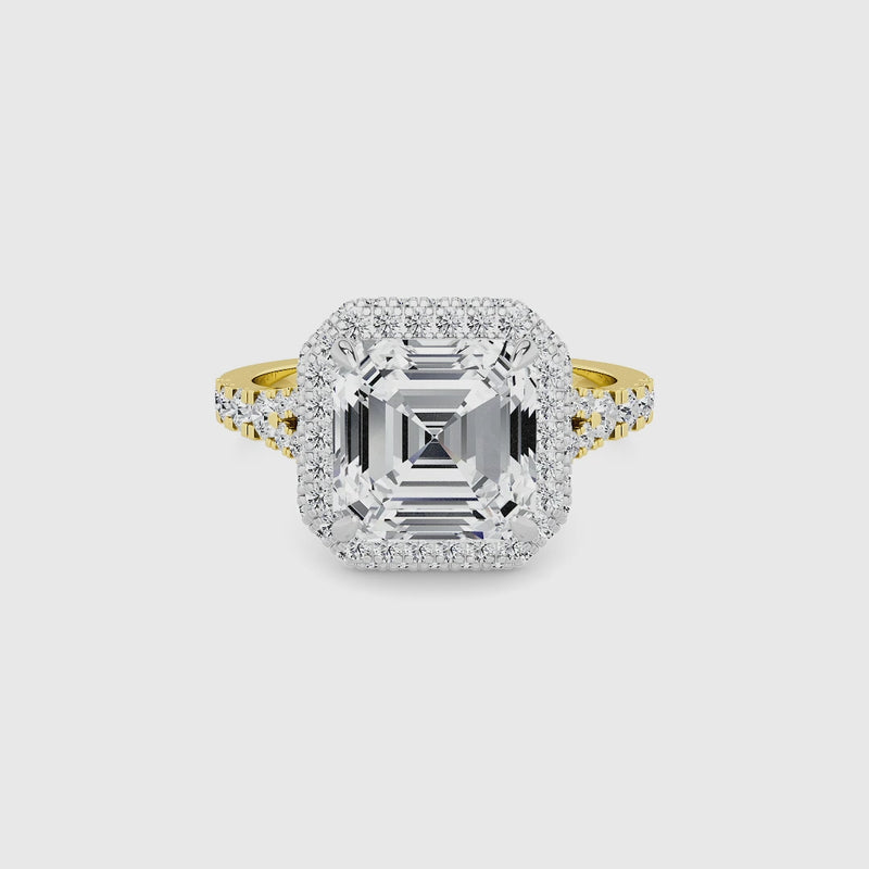 Asscher Cut Lab Diamond 3D Pave Split Shank Halo Engagement Ring (1.00ct+)